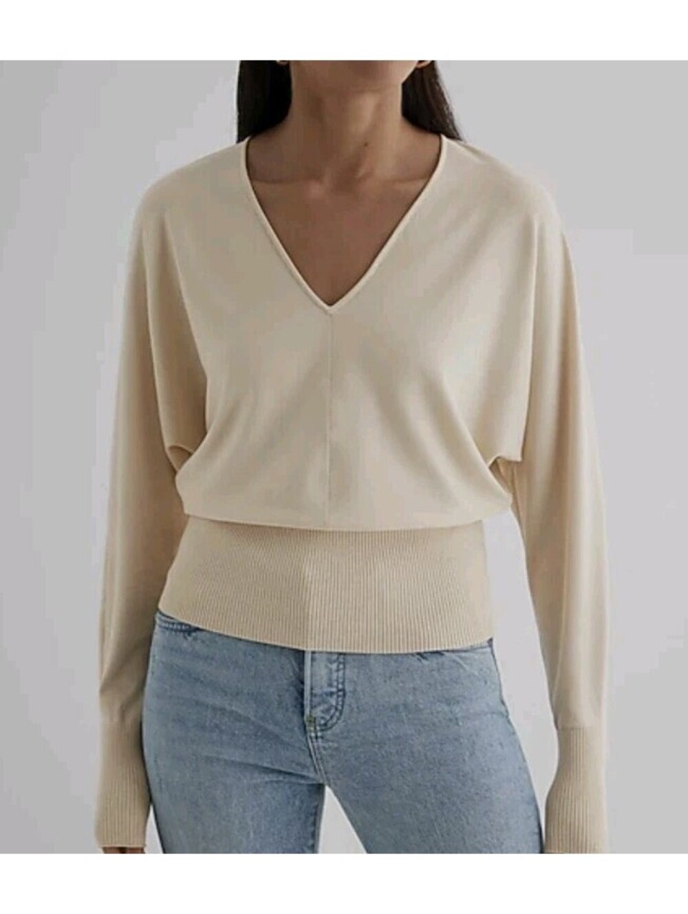 Express Women's Large V-Neck Banded Bottom Neutral Beige Sweater